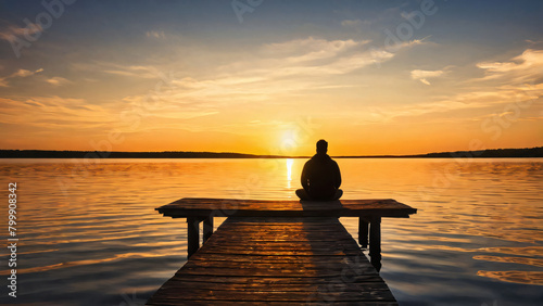 man sitting on a wooden dock beside a lake, looking at the sunset.