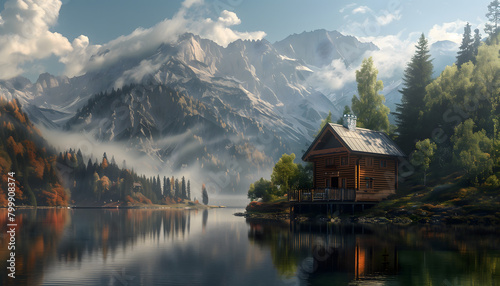 A wooden cabin by a lake in the mountains 