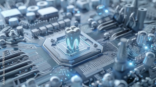 A realistic tooth model with neon blue roots on a detailed circuit board symbolizing dental technology.