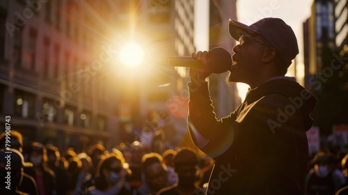 Man speaking into microphone at sunset during protest May Day, Labor Day, International Workers' Day