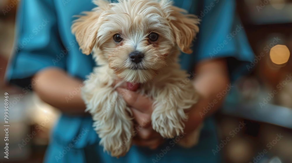 Small dog held in hands with blurred background. Pet care and companionship concept. Veterinary Day Small dog held in hands with blurred background. Pet care and companionship concept. Veterinary Day