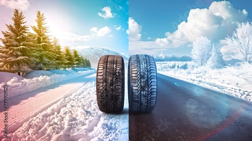 Summer and Winter Car Tires on Road Dividing Seasons. Conceptual Contrast, Dual Weather Conditions. Safe Driving, Tire Choice Importance. AI photo