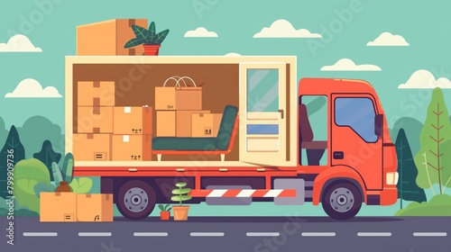 Colorful illustration of a moving truck loaded with boxes, furniture, and plants on a sunny day.