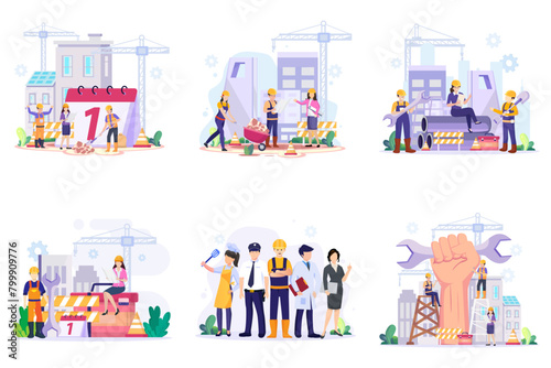 Happy Labour day On 1 May vector illustration. Construction workers are working on building.