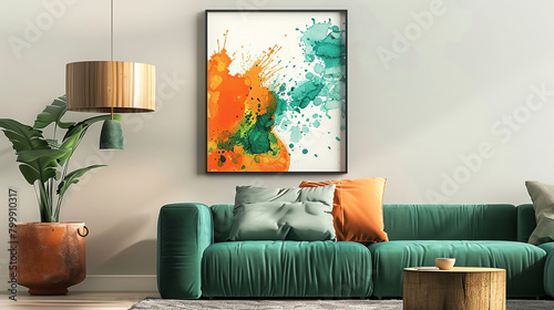 Expressive orange and teal splash poster, suited for a living room with a green couch.