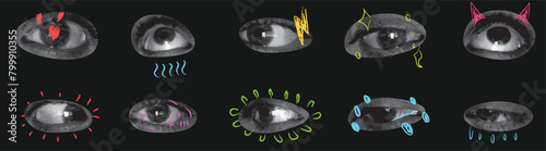 A pack of eyes cut out as if from a magazine. An isolated look. Vector halftone elements for collage with different emotions and doodles.