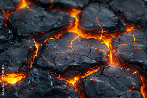 Extreme heat, close up view of molten lava and cracked surface, hell, apocalypse or inferno cocnept photo