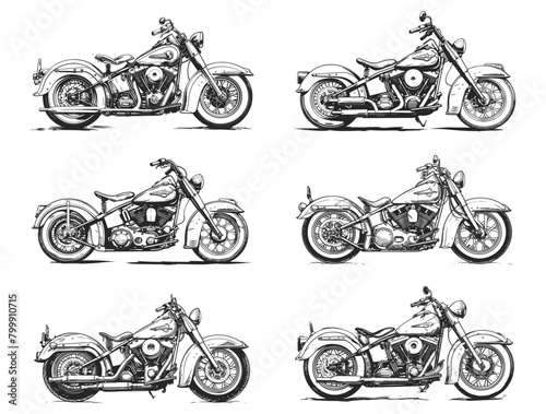 Vintage Black and White Retro Motorcycles sketch. Motorbikes engraved silhouettes Illustrations with Low Detail and Thick Lines on White Background
