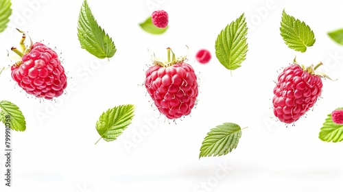 Vibrant floating raspberries and fresh leaves isolated on a white background, capturing a fresh and appetizing look. © Natalia