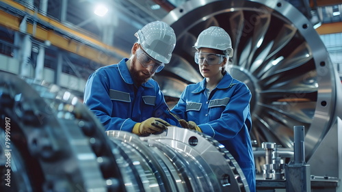Engineers examining electric motors rotor in safety suit and helmets in a factory photo