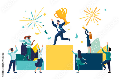 Vector illustration. People stand on the podium first, second and third place. The best result is the winner, a prize. Sports, teamwork. Businessman with golden victory cup. Financial success, poster