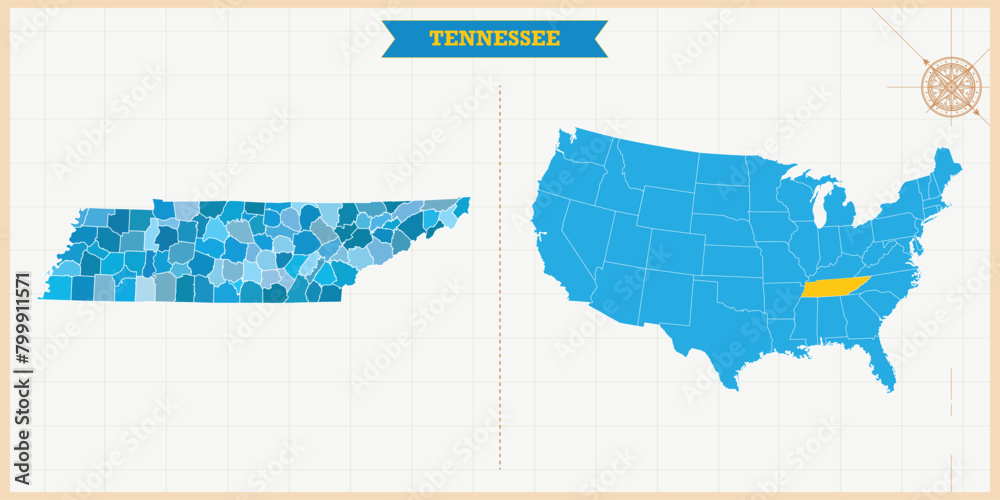 A Map highlighting Tennessee in the USA Map, Tennessee and USA modern