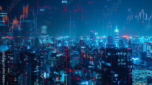 A photo capturing the illuminated skyline of a bustling city at night, showcasing numerous towering buildings, background depicting the vibrant chaos of a city skyline at dusk ,business concept