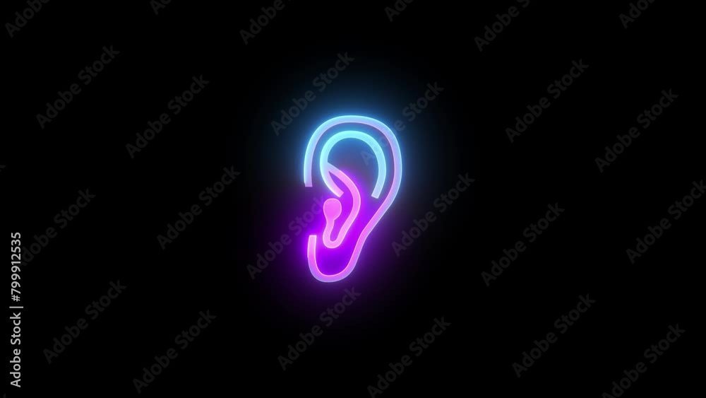 Neon ear icon cyan purple color glowing animated black background Neon ear icon cyan purple color glowing animated black background