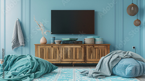 Blue 3D wall, vintage wood TV stand, blue soft accessories.