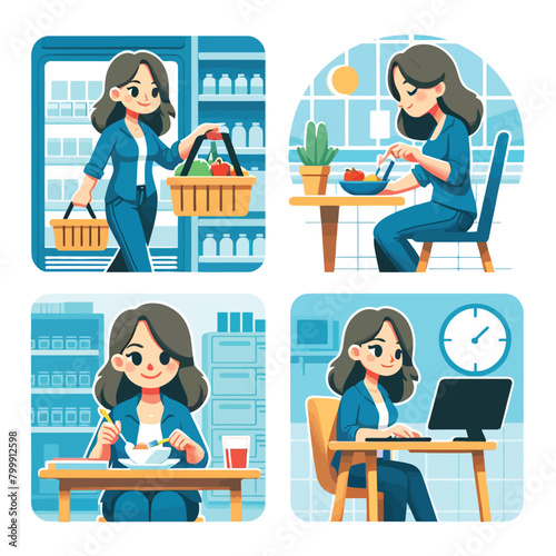 illustration of a woman doing various repetitive activities, eating, working, shopping