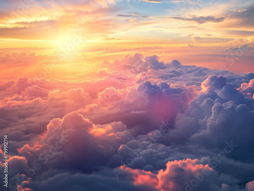 sunrise in cloud sky background, dramatic sunrise, airplane view above clouds - ai