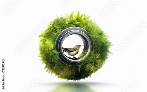 A little bird on the camera lens on white background photo