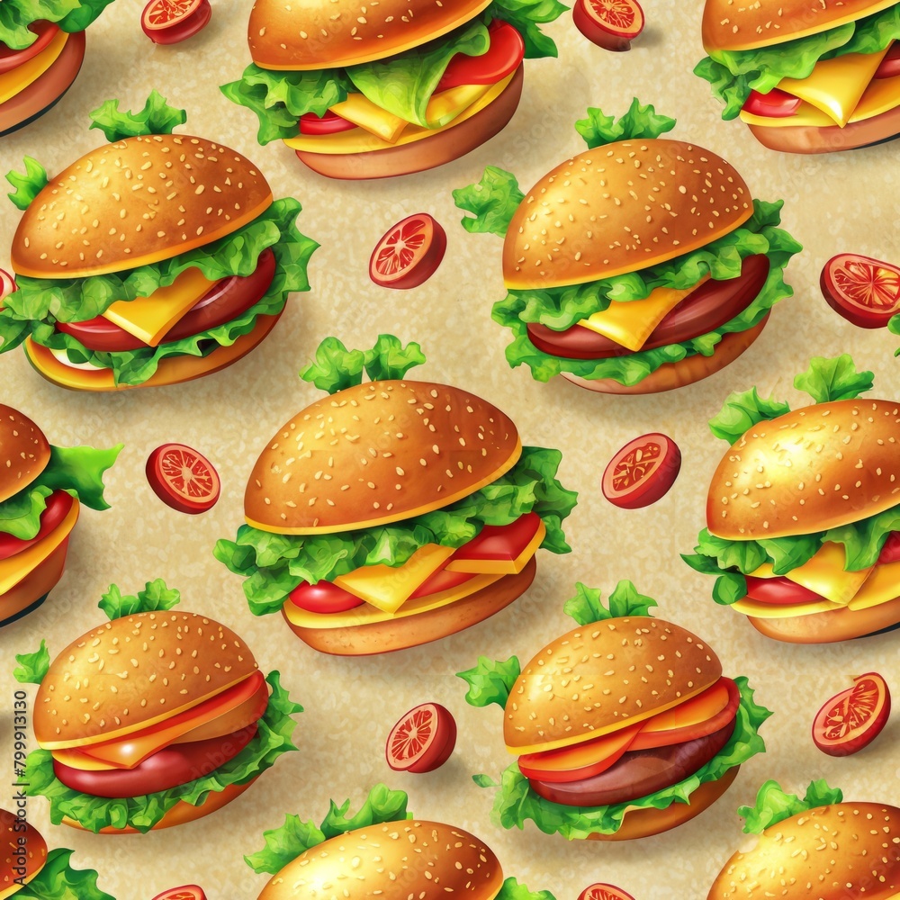 Seamless pattern of juicy hamburgers stacked with cheese, lettuce, and tomato, Generative AI Seamless pattern of juicy hamburgers stacked with cheese, lettuce, and tomato, Generative AI