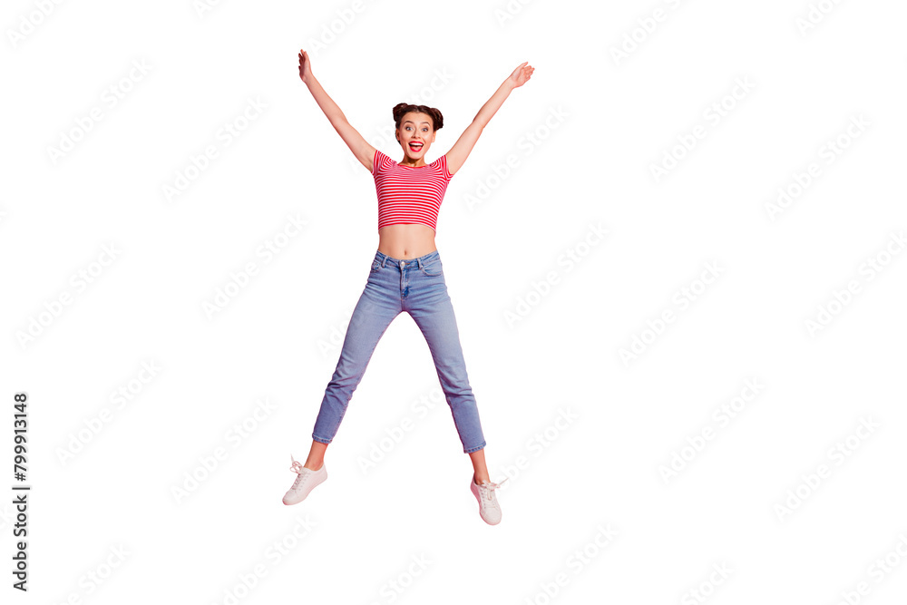 Full length body size photo yelling beautiful she her lady pomade lips jump high star shape best big great win fan wear casual jeans denim striped red white t-shirt sit floor isolated pink background