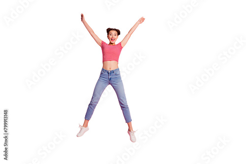 Full length body size photo yelling beautiful she her lady pomade lips jump high star shape best big great win fan wear casual jeans denim striped red white t-shirt sit floor isolated pink background