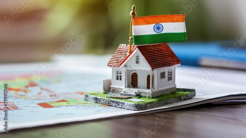 Searching for new house for purchase. Rental housing market. Magnifying glass near a residential building india independence day.
