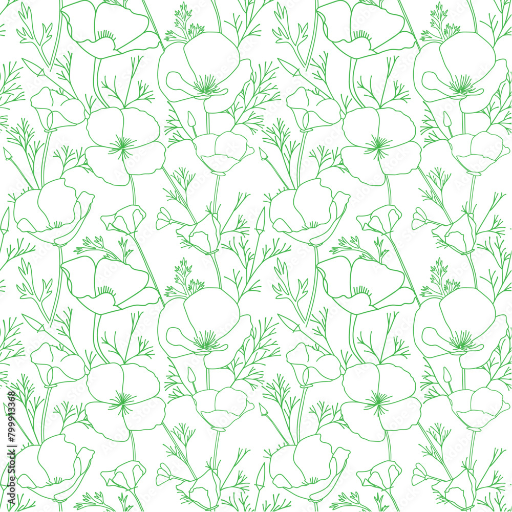 green ornament with Eschscholzia flowers on white. California poppy - vector decorative seamless pattern