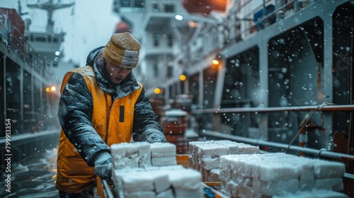 A worker loading frozen chicken products onto a refrigerated cargo ship for export, showcasing the global reach of the poultry industry and international trade.