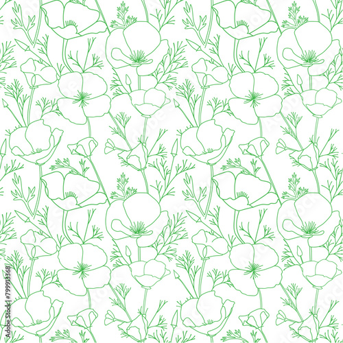 Obraz na płótnie green ornament with Eschscholzia flowers on white. California poppy - vector decorative seamless pattern w salonie