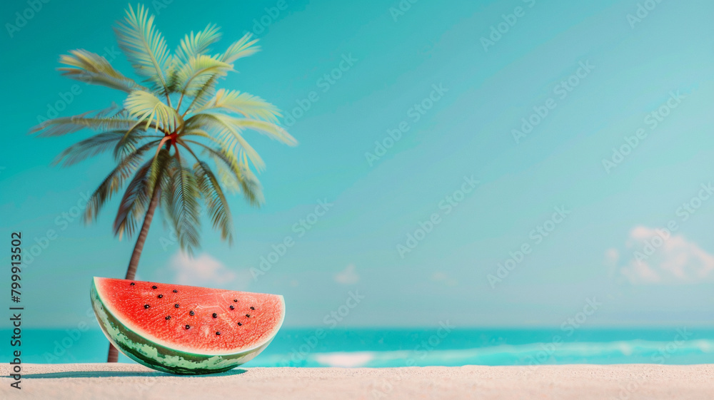 Obraz premium summer time holiday background, tropical beach island happy day bright sunshine, tropical fruits. Creative minimal summer idea