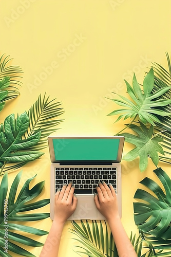 Hands on laptop  sustainability  eco friendly mockup for business or environmental sustainability  green plants.