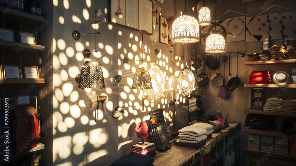 Unique Italian wall lamps in a cozy boutique create distinct light and shadow patterns across merchandise.