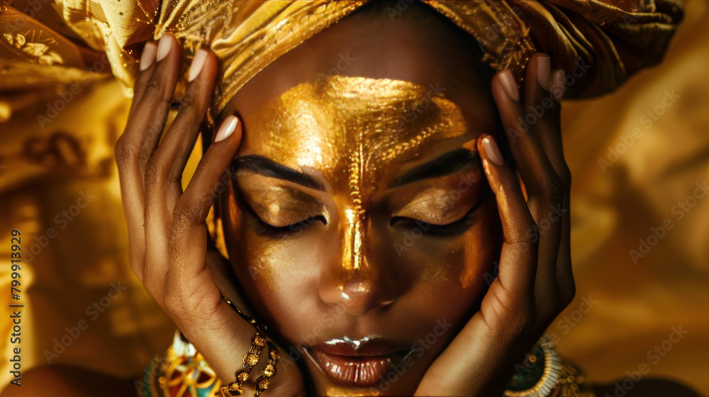 Obraz premium A beautiful woman with gold paint on her skin, wearing a turban and jewelry, poses with her hands on her face. Her skin is shiny and metallic, and she looks like a goddess.