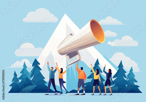 Business Professionals Announce Promotion via Megaphone - Marketing Communication, PR Public Relations, Employee/Community Outreach Vector Illustration