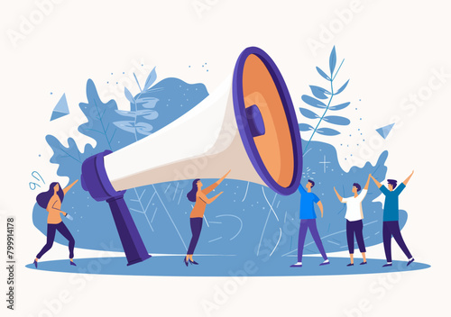 Women Executives Amplifying Message via Megaphones - Marketing Communication, Speech, Public Relations Promotion Vector Illustration