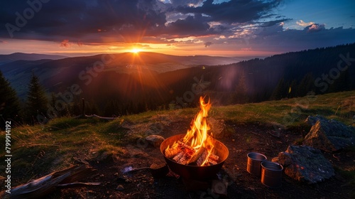 Campsite with fire pit and two tin cups with hot tea. Burning campfire with mountain landscape with evening sunset sky over forest.