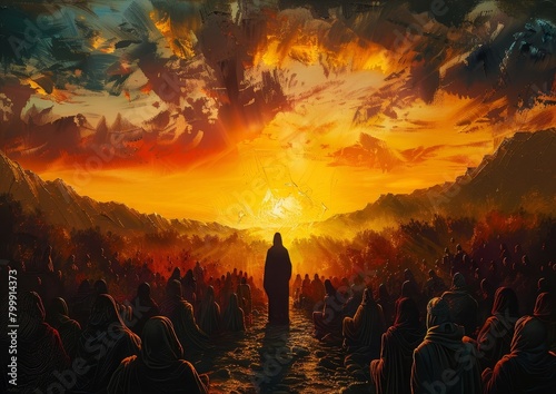 Painting of Jesus talking to crowd, sunset, AI generated