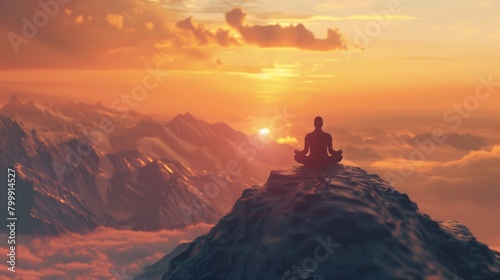 A person meditating on a mountain peak at sunset with a sea of clouds and orange sky.