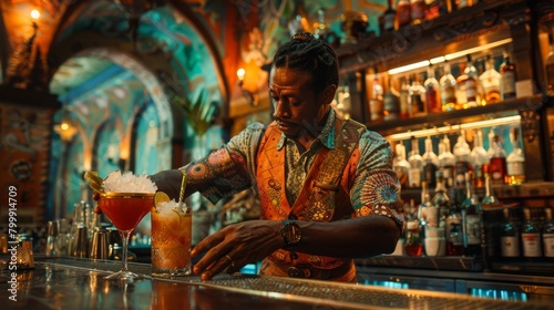 Bartender mixing cocktails at an international-themed hotel bar  creating a vibrant and welcoming atmosphere.