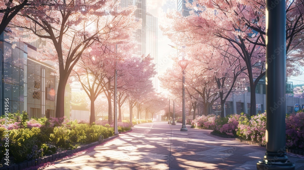 A beautiful street with cherry blossom trees in full bloom