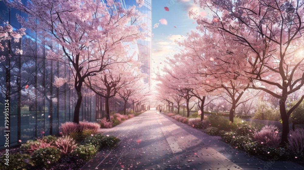 Fototapeta premium A beautiful street with cherry blossom trees in full bloom
