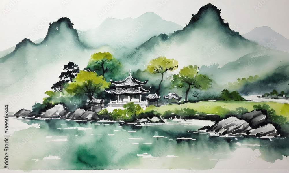 Watercolor Landscape with Green Mountains, Chinese Style