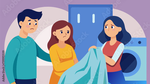 A young couple confesses to their neighbor that they accidentally shrunk their comforter in the dryer much to their disappointment.. Vector illustration photo