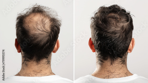 A man before and after hair loss treatment or transplant. His hair is longer and thicker after the treatment.