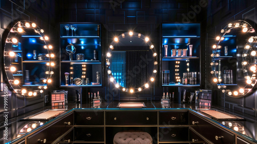 Chic dressing space with light-enhancing Italian vanity mirrors.