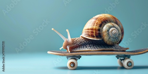 A close-up of a snail on a skateboard on a blue background.