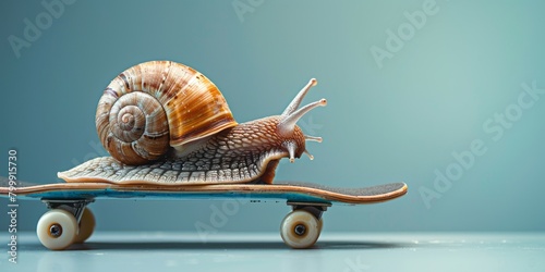 A close-up of a snail on a skateboard on a blue background.
