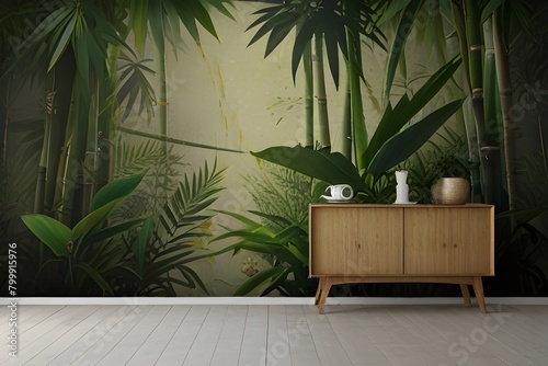 tropical plants with bamboo leaves on a textured rubbed background by kayami photo wallpaper in the interior Generative AI  photo