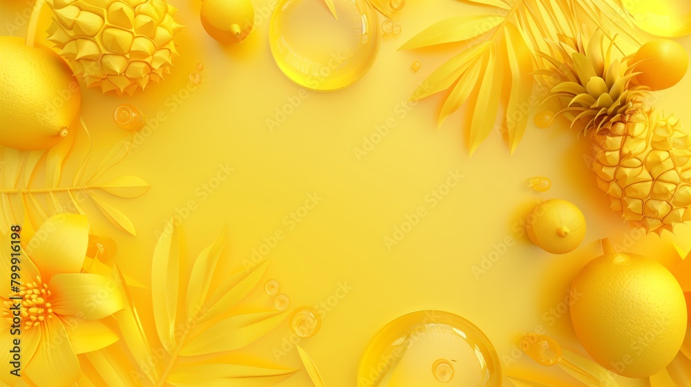 Refreshing summery concept showcasing a variety of yellow tropical fruits with flora accents, all in yellow tones.