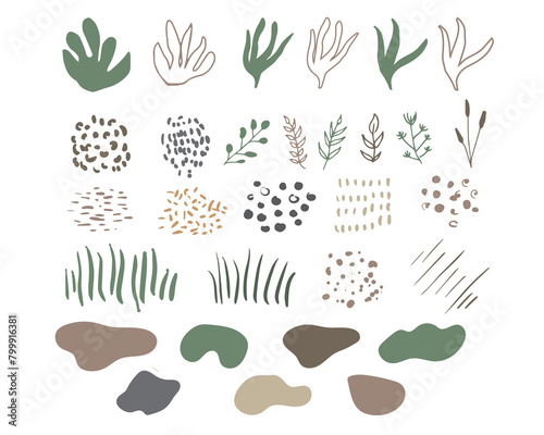 Organic shapes, spots, plants,  Vector set of trendy abstract hand drawn earth tone elements for graphic design photo